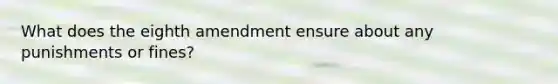 What does the eighth amendment ensure about any punishments or fines?