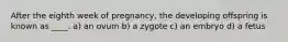 After the eighth week of pregnancy, the developing offspring is known as ____. a) an ovum b) a zygote c) an embryo d) a fetus