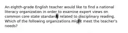 An eighth-grade English teacher would like to find a national literacy organization in order to examine expert views on common core state standards related to disciplinary reading. Which of the following organizations might meet the teacher's needs?