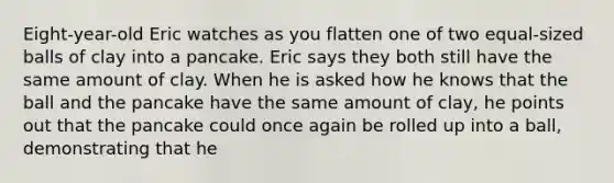 Eight-year-old Eric watches as you flatten one of two equal-sized balls of clay into a pancake. Eric says they both still have the same amount of clay. When he is asked how he knows that the ball and the pancake have the same amount of clay, he points out that the pancake could once again be rolled up into a ball, demonstrating that he​