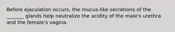 Before ejaculation occurs, the mucus-like secretions of the _______ glands help neutralize the acidity of the male's urethra and the female's vagina.