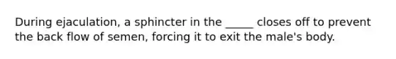 During ejaculation, a sphincter in the _____ closes off to prevent the back flow of semen, forcing it to exit the male's body.