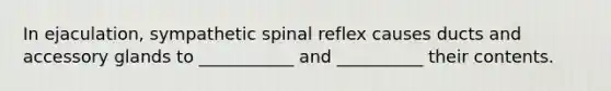 In ejaculation, sympathetic spinal reflex causes ducts and accessory glands to ___________ and __________ their contents.