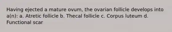 Having ejected a mature ovum, the ovarian follicle develops into a(n): a. Atretic follicle b. Thecal follicle c. Corpus luteum d. Functional scar