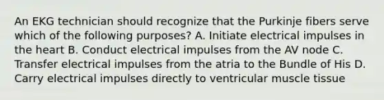 An EKG technician should recognize that the Purkinje fibers serve which of the following purposes? A. Initiate electrical impulses in the heart B. Conduct electrical impulses from the AV node C. Transfer electrical impulses from the atria to the Bundle of His D. Carry electrical impulses directly to ventricular muscle tissue