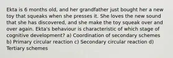 Ekta is 6 months old, and her grandfather just bought her a new toy that squeaks when she presses it. She loves the new sound that she has discovered, and she make the toy squeak over and over again. Ekta's behaviour is characteristic of which stage of cognitive development? a) Coordination of secondary schemes b) Primary circular reaction c) Secondary circular reaction d) Tertiary schemes