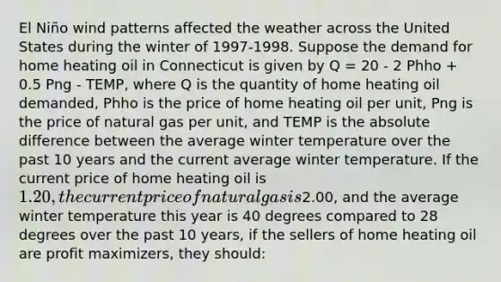 El Niño wind patterns affected the weather across the United States during the winter of 1997-1998. Suppose the demand for home heating oil in Connecticut is given by Q = 20 - 2 Phho + 0.5 Png - TEMP, where Q is the quantity of home heating oil demanded, Phho is the price of home heating oil per unit, Png is the price of natural gas per unit, and TEMP is the absolute difference between the average winter temperature over the past 10 years and the current average winter temperature. If the current price of home heating oil is 1.20, the current price of natural gas is2.00, and the average winter temperature this year is 40 degrees compared to 28 degrees over the past 10 years, if the sellers of home heating oil are profit maximizers, they should: