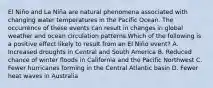 El Niño and La Niña are natural phenomena associated with changing water temperatures in the Pacific Ocean. The occurrence of these events can result in changes in global weather and ocean circulation patterns.Which of the following is a positive effect likely to result from an El Niño event? A. Increased droughts in Central and South America B. Reduced chance of winter floods in California and the Pacific Northwest C. Fewer hurricanes forming in the Central Atlantic basin D. Fewer heat waves in Australia