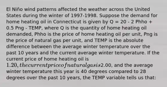 El Niño wind patterns affected the weather across the United States during the winter of 1997-1998. Suppose the demand for home heating oil in Connecticut is given by Q = 20 - 2 Phho + 0.5 Png - TEMP, where Q is the quantity of home heating oil demanded, Phho is the price of home heating oil per unit, Png is the price of natural gas per unit, and TEMP is the absolute difference between the average winter temperature over the past 10 years and the current average winter temperature. If the current price of home heating oil is 1.20, the current price of natural gas is2.00, and the average winter temperature this year is 40 degrees compared to 28 degrees over the past 10 years, the TEMP variable tells us that: