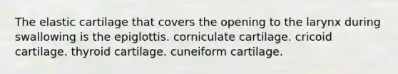 The elastic cartilage that covers the opening to the larynx during swallowing is the epiglottis. corniculate cartilage. cricoid cartilage. thyroid cartilage. cuneiform cartilage.