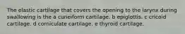 The elastic cartilage that covers the opening to the larynx during swallowing is the a cuneiform cartilage. b epiglottis. c cricoid cartilage. d corniculate cartilage. e thyroid cartilage.