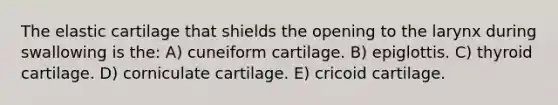 The elastic cartilage that shields the opening to the larynx during swallowing is the: A) cuneiform cartilage. B) epiglottis. C) thyroid cartilage. D) corniculate cartilage. E) cricoid cartilage.