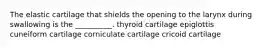 The elastic cartilage that shields the opening to the larynx during swallowing is the __________. thyroid cartilage epiglottis cuneiform cartilage corniculate cartilage cricoid cartilage