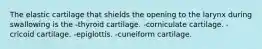 The elastic cartilage that shields the opening to the larynx during swallowing is the -thyroid cartilage. -corniculate cartilage. -cricoid cartilage. -epiglottis. -cuneiform cartilage.