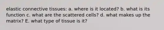 elastic connective tissues: a. where is it located? b. what is its function c. what are the scattered cells? d. what makes up the matrix? E. what type of tissue is it?