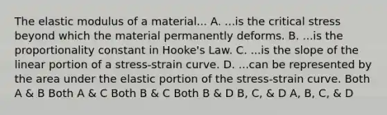 The elastic modulus of a material... A. ...is the critical stress beyond which the material permanently deforms. B. ...is the proportionality constant in Hooke's Law. C. ...is the slope of the linear portion of a stress-strain curve. D. ...can be represented by the area under the elastic portion of the stress-strain curve. Both A & B Both A & C Both B & C Both B & D B, C, & D A, B, C, & D