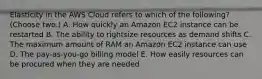 Elasticity in the AWS Cloud refers to which of the following? (Choose two.) A. How quickly an Amazon EC2 instance can be restarted B. The ability to rightsize resources as demand shifts C. The maximum amount of RAM an Amazon EC2 instance can use D. The pay-as-you-go billing model E. How easily resources can be procured when they are needed