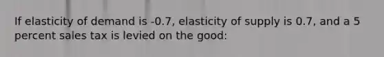 If elasticity of demand is -0.7, elasticity of supply is 0.7, and a 5 percent sales tax is levied on the good: