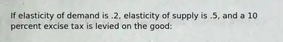 If elasticity of demand is .2, elasticity of supply is .5, and a 10 percent excise tax is levied on the good: