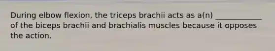 During elbow flexion, the triceps brachii acts as a(n) ____________ of the biceps brachii and brachialis muscles because it opposes the action.