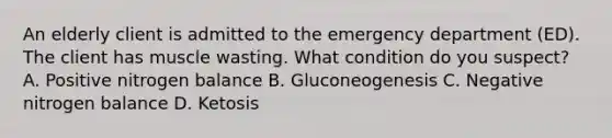 An elderly client is admitted to the emergency department (ED). The client has muscle wasting. What condition do you suspect? A. Positive nitrogen balance B. Gluconeogenesis C. Negative nitrogen balance D. Ketosis