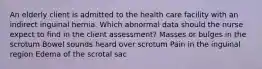 An elderly client is admitted to the health care facility with an indirect inguinal hernia. Which abnormal data should the nurse expect to find in the client assessment? Masses or bulges in the scrotum Bowel sounds heard over scrotum Pain in the inguinal region Edema of the scrotal sac