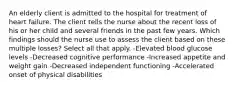 An elderly client is admitted to the hospital for treatment of heart failure. The client tells the nurse about the recent loss of his or her child and several friends in the past few years. Which findings should the nurse use to assess the client based on these multiple losses? Select all that apply. -Elevated blood glucose levels -Decreased cognitive performance -Increased appetite and weight gain -Decreased independent functioning -Accelerated onset of physical disabilities