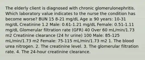 The elderly client is diagnosed with chronic glomerulonephritis. Which laboratory value indicates to the nurse the condition has become worse? BUN 15 8-21 mg/dL Age ≥ 90 years: 10-31 mg/dL Creatinine 1.2 Male: 0.61-1.21 mg/dL Female: 0.51-1.11 mg/dL Glomerular filtration rate (GFR) 40 Over 60 mL/min/1.73 m2 Creatinine clearance (24 hr urine) 100 Male: 85-125 mL/min/1.73 m2 Female: 75-115 mL/min/1.73 m2 1. The blood urea nitrogen. 2. The creatinine level. 3. The glomerular filtration rate. 4. The 24-hour creatinine clearance.