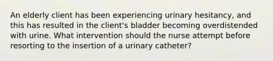 An elderly client has been experiencing urinary hesitancy, and this has resulted in the client's bladder becoming overdistended with urine. What intervention should the nurse attempt before resorting to the insertion of a urinary catheter?