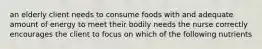 an elderly client needs to consume foods with and adequate amount of energy to meet their bodily needs the nurse correctly encourages the client to focus on which of the following nutrients