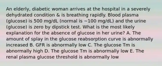 An elderly, diabetic woman arrives at the hospital in a severely dehydrated condition & is breathing rapidly. Blood plasma (glucose) is 500 mg/dL (normal is ~100 mg/dL) and the urine (glucose) is zero by dipstick test. What is the most likely explanation for the absence of glucose in her urine? A. The amount of splay in the glucose reabsorption curve is abnormally increased B. GFR is abnormally low C. The glucose Tm is abnormally high D. The glucose Tm is abnormally low E. The renal plasma glucose threshold is abnormally low