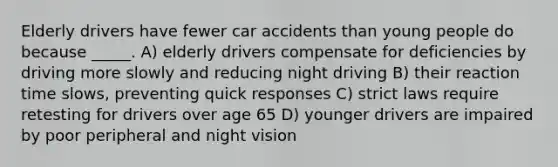 Elderly drivers have fewer car accidents than young people do because _____. A) elderly drivers compensate for deficiencies by driving more slowly and reducing night driving B) their reaction time slows, preventing quick responses C) strict laws require retesting for drivers over age 65 D) younger drivers are impaired by poor peripheral and night vision