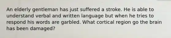 An elderly gentleman has just suffered a stroke. He is able to understand verbal and written language but when he tries to respond his words are garbled. What cortical region go the brain has been damaged?