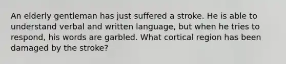 An elderly gentleman has just suffered a stroke. He is able to understand verbal and written language, but when he tries to respond, his words are garbled. What cortical region has been damaged by the stroke?