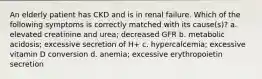 An elderly patient has CKD and is in renal failure. Which of the following symptoms is correctly matched with its cause(s)? a. elevated creatinine and urea; decreased GFR b. metabolic acidosis; excessive secretion of H+ c. hypercalcemia; excessive vitamin D conversion d. anemia; excessive erythropoietin secretion