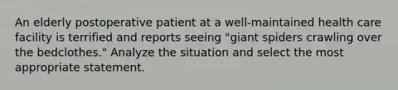 An elderly postoperative patient at a well-maintained health care facility is terrified and reports seeing "giant spiders crawling over the bedclothes." Analyze the situation and select the most appropriate statement.