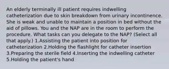 An elderly terminally ill patient requires indwelling catheterization due to skin breakdown from urinary incontinence. She is weak and unable to maintain a position in bed without the aid of pillows. You and the NAP are in the room to perform the procedure. What tasks can you delegate to the NAP? (Select all that apply.) 1.Assisting the patient into position for catheterization 2.Holding the flashlight for catheter insertion 3.Preparing the sterile field 4.Inserting the indwelling catheter 5.Holding the patient's hand