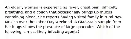 An elderly woman is experiencing fever, chest pain, difficulty breathing, and a cough that occasionally brings up mucus containing blood. She reports having visited family in rural New Mexico over the Labor Day weekend. A GMS-stain sample from her lungs shows the presence of large spherules. Which of the following is most likely infecting agents?