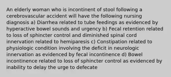 An elderly woman who is incontinent of stool following a cerebrovascular accident will have the following nursing diagnosis a) Diarrhea related to tube feedings as evidenced by hyperactive bowel sounds and urgency b) Fecal retention related to loss of sphincter control and diminished spinal cord innervation related to hemiparesis c) Constipation related to physiologic condition involving the deficit in neurologic innervation as evidenced by fecal incontinence d) Bowel incontinence related to loss of sphincter control as evidenced by inability to delay the urge to defecate