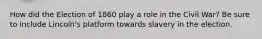 How did the Election of 1860 play a role in the Civil War? Be sure to include Lincoln's platform towards slavery in the election.