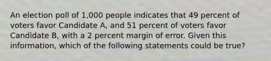 An election poll of 1,000 people indicates that 49 percent of voters favor Candidate A, and 51 percent of voters favor Candidate B, with a 2 percent margin of error. Given this information, which of the following statements could be true?