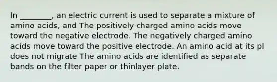 In ________, an electric current is used to separate a mixture of amino acids, and The positively charged amino acids move toward the negative electrode. The negatively charged amino acids move toward the positive electrode. An amino acid at its pI does not migrate The amino acids are identified as separate bands on the filter paper or thinlayer plate.