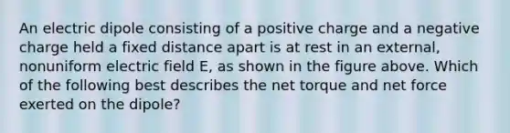 An electric dipole consisting of a positive charge and a negative charge held a fixed distance apart is at rest in an external, nonuniform electric field E, as shown in the figure above. Which of the following best describes the net torque and net force exerted on the dipole?