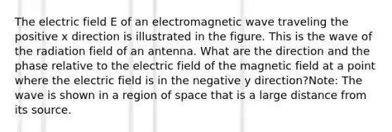 The electric field E of an electromagnetic wave traveling the positive x direction is illustrated in the figure. This is the wave of the radiation field of an antenna. What are the direction and the phase relative to the electric field of the magnetic field at a point where the electric field is in the negative y direction?Note: The wave is shown in a region of space that is a large distance from its source.