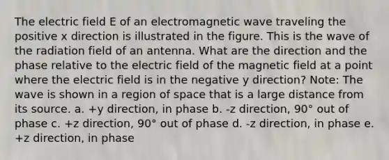 The electric field E of an electromagnetic wave traveling the positive x direction is illustrated in the figure. This is the wave of the radiation field of an antenna. What are the direction and the phase relative to the electric field of the magnetic field at a point where the electric field is in the negative y direction? Note: The wave is shown in a region of space that is a large distance from its source. a. +y direction, in phase b. -z direction, 90° out of phase c. +z direction, 90° out of phase d. -z direction, in phase e. +z direction, in phase