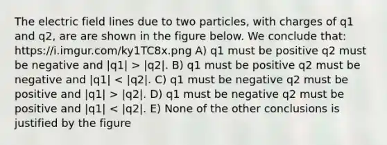 The electric field lines due to two particles, with charges of q1 and q2, are are shown in the figure below. We conclude that: https://i.imgur.com/ky1TC8x.png A) q1 must be positive q2 must be negative and |q1| > |q2|. B) q1 must be positive q2 must be negative and |q1| |q2|. D) q1 must be negative q2 must be positive and |q1| < |q2|. E) None of the other conclusions is justified by the figure