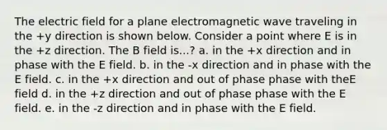 The electric field for a plane electromagnetic wave traveling in the +y direction is shown below. Consider a point where E is in the +z direction. The B field is...? a. in the +x direction and in phase with the E field. b. in the -x direction and in phase with the E field. c. in the +x direction and out of phase phase with theE field d. in the +z direction and out of phase phase with the E field. e. in the -z direction and in phase with the E field.