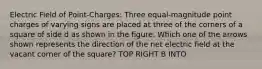 Electric Field of Point-Charges: Three equal-magnitude point charges of varying signs are placed at three of the corners of a square of side d as shown in the figure. Which one of the arrows shown represents the direction of the net electric field at the vacant corner of the square? TOP RIGHT B INTO