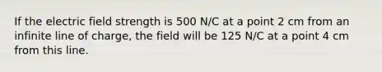 If the electric field strength is 500 N/C at a point 2 cm from an infinite line of charge, the field will be 125 N/C at a point 4 cm from this line.