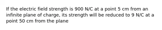 If the electric field strength is 900 N/C at a point 5 cm from an infinite plane of charge, its strength will be reduced to 9 N/C at a point 50 cm from the plane